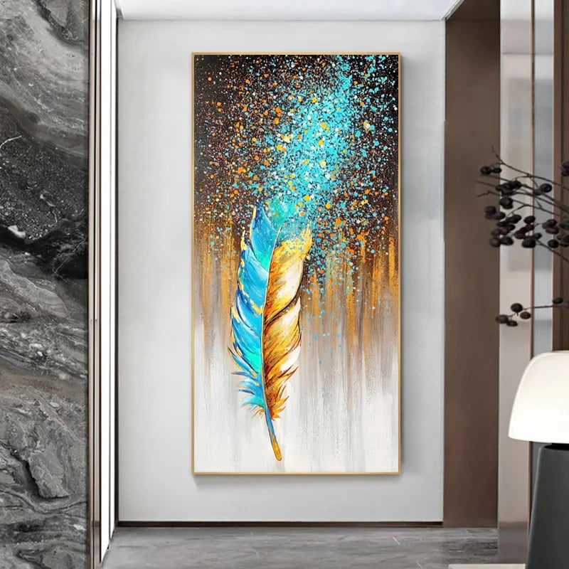 Golden & Blue Feather Posters Wall Art Picture